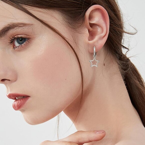 Minimalist Star Dangle Hoop Earrings for Women - Hypoallergenic Stainless Steel, - Picture 5 of 6